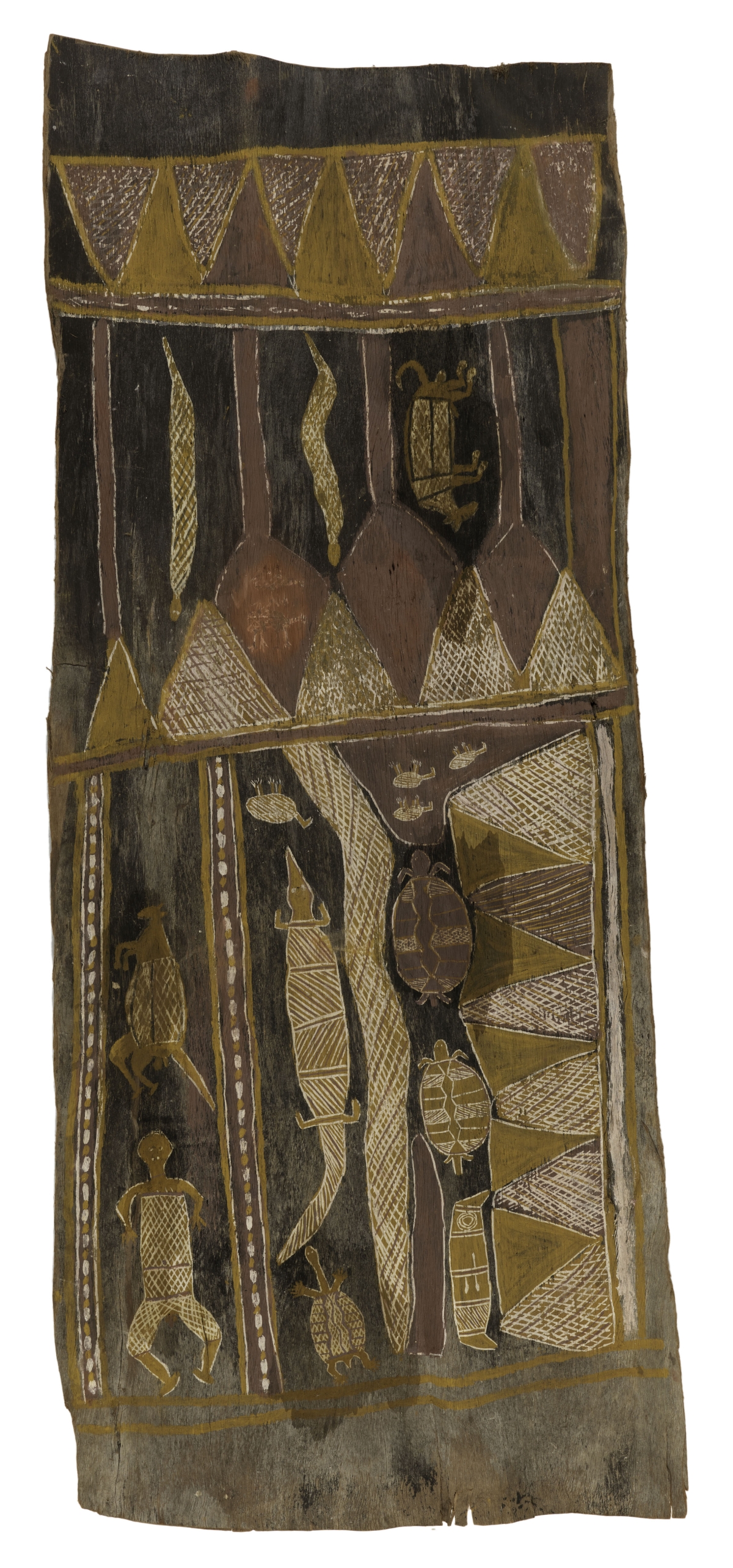 Vertical painting with various shades of brown and ocher; triangular shapes form bands at top, middle and aloong the right side. Anmials, such as snakes, turtles and other reptiles are inside columns inside rectangles.