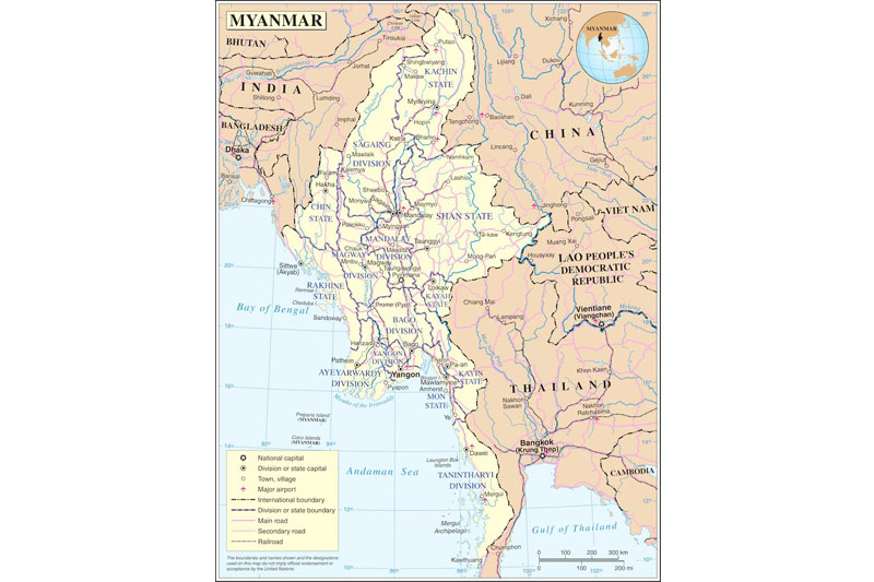 myanmar map political. Burma/Myanmar (United Nations)