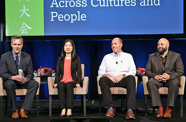 (L to R) Dan Washburn, Carrie Xu, Chad Lewis, and Rafael Stone speak at the 2017 National Chinese Language Conference. (David Keith)