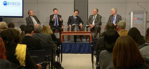 Panelists at the December 8 event, "Every Student Ready for the World." From left: Chinese University of Hong Kong Professor Hau Kit-Tai, former Director of the National Institute of Education in Singapore Lee Sing Kong, former Japanese State Minister of Education Suzuki Kan, Asia Society Vice President of Education Tony Jackson, and OECD Director for Education and Skills and CGE Council Member Andreas Schleicher.