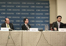 L to R: Peter Yao, Joel Charny, and Thet Win during the panel discussion on October 8, 2008 in Washington, DC. (Khoi Nguyen/Asia Society)