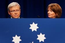 Then-Australian Prime Minister Kevin Rudd and then-Deputy Prime Minister Julia Gillard arrive at the 45th National Labor Conference on July 30, 2009 in Sydney, Australia. (Lisa Maree Williams/Getty Images)