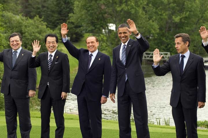 G8 leaders L to R: Jose Manuel Barroso, President of the European Commission, Naoto Kan, Prime Minister of Japan, Silvio Berlusconi, Prime Minister of Italy, Barack Obama, President of the US, and Nicolas Sarkozy, President of France, in Huntsville, Ontario on June 25, 2010. (Don Emmert/AFP/Getty Images)