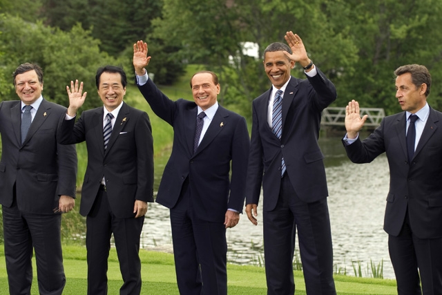 G8 leaders wave in Huntsville, Ontario on June 25, 2010. L to R: Jose Manuel Barroso, President of the European Commission, Naoto Kan, Prime Minister of Japan, Silvio Berlusconi, Prime Minister of Italy, Barack Obama, President of the US, and Nicolas Sarkozy, President of France. (Don Emmert/AFP/Getty Images)