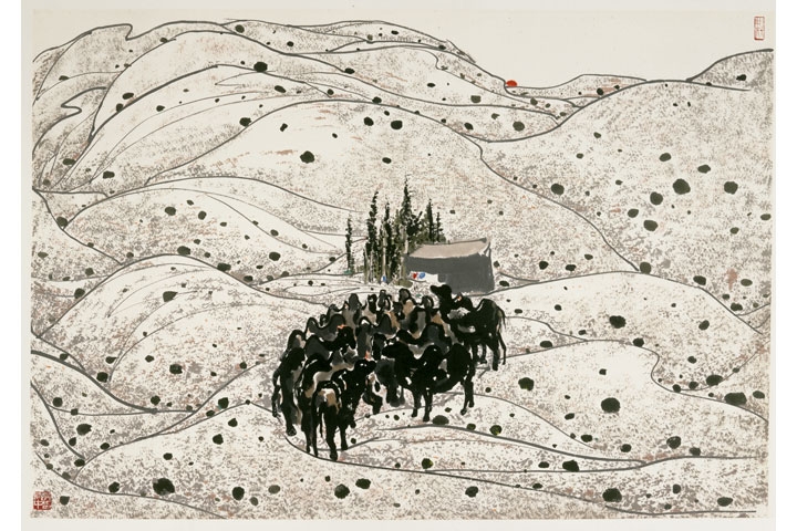 Wu Guanzhong, Camels in the Desert, 1981. Ink & color on paper, 69 x 99 cm. &copy; Take a Step Back Collection