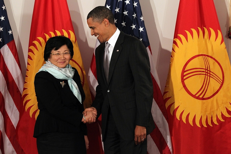 President Barack Obama shakes hands at a bilateral meeting with President of Kyrgyzstan Rosa Otunbaeva on September 24, 2010 in New York City. (Spencer Platt/POOL/Getty Images)
