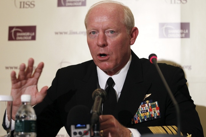 Commander of the US Pacific Command, Adm. Robert F. Willard addresses the media during a meeting at the Shangri-La Dialogue's Asia Security Summit on June 4, 2010 in Singapore. (Carolyn Kaster-Pool/Getty Images)