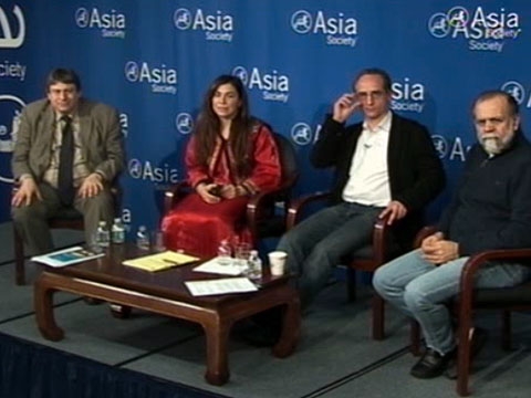 L to R: Richard Peña, Negar Mottahedeh, Hadi Ghaemi, and Hamid Dabashi speaking in New York on Mar. 2, 2011. (Asia Society New York)