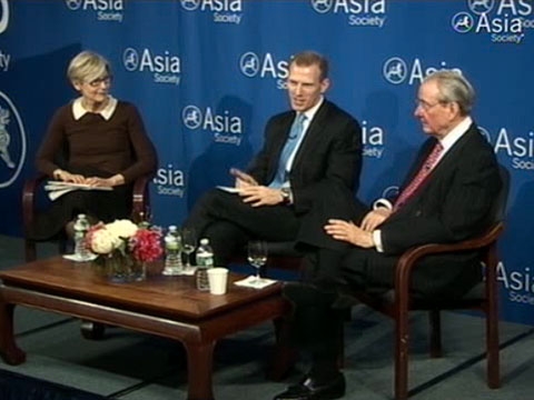 L to R: Kathleen Stephansen, Jamie Metzl, and William R. Rhodes at Asia Society's task force report launch event in New York on Mar. 23, 2011. 