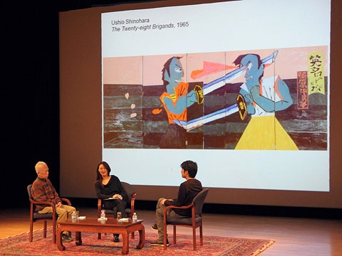 L to R: Ushio Shinohara, Asia Society Museum Associate Curator Miwako Tezuka, and Tomokazu Matsuyama at Asia Society New York on Mar. 28, 2011. Behind them on screen is a 1965 work by Ushio Shinohara.