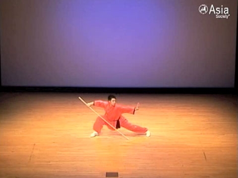 A disciple from the Shaolin Temple Overseas Headquarters on the Asia Society stage in New York on May 23, 2011. (Slideshow and video below.)