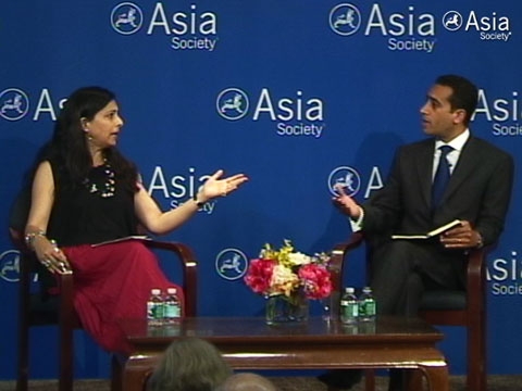 Hassina Sherjan (L) speaking with Michael Hanna (R) at Asia Society New York