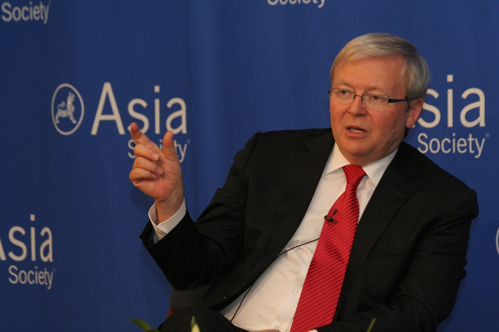 Australian Foreign Minister Kevin Rudd addresses the crowd at Asia Society New York on January 13, 2012. (Asia Society/Bill Swersey)