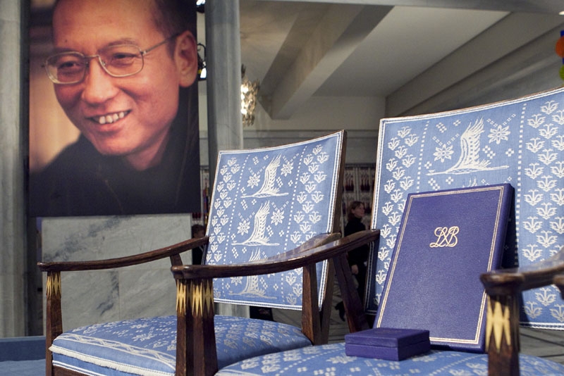 The empty chair with a diploma and medal that should have been awarded to this year's Nobel Peace Prize winner Liu Xiaobo stands in Oslo City Hall on December 10, 2010. (Junge, Heiko/AFP/Getty Images)