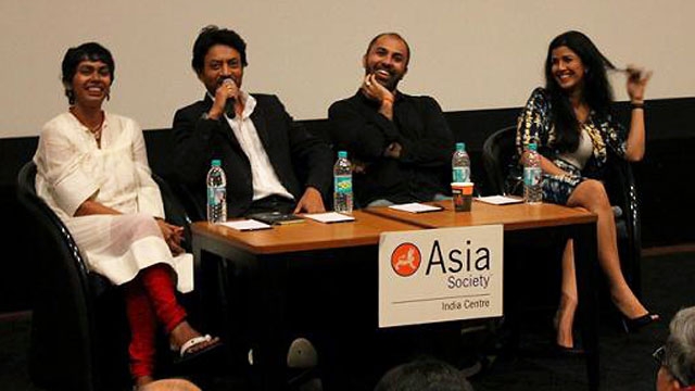 L to R: Nandini Ramnath, Irrfan Khan, Ritesh Batra and Nimrat Kaur in Mumbai on September 15, 2013. (Asia Society India Centre)