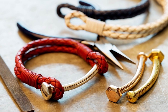 Carrie K.'s bolt bracelets made from leather and gold. (Image courtesy of Carrie K)
