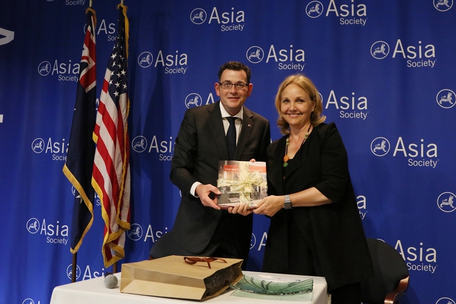 Victorian Premier Daniel Andrews and Asia Society President Josette Sheeran after the signing of the partnership agreement between Asia Society and Victorian Government, Asia Society, New York, 31 May 2016