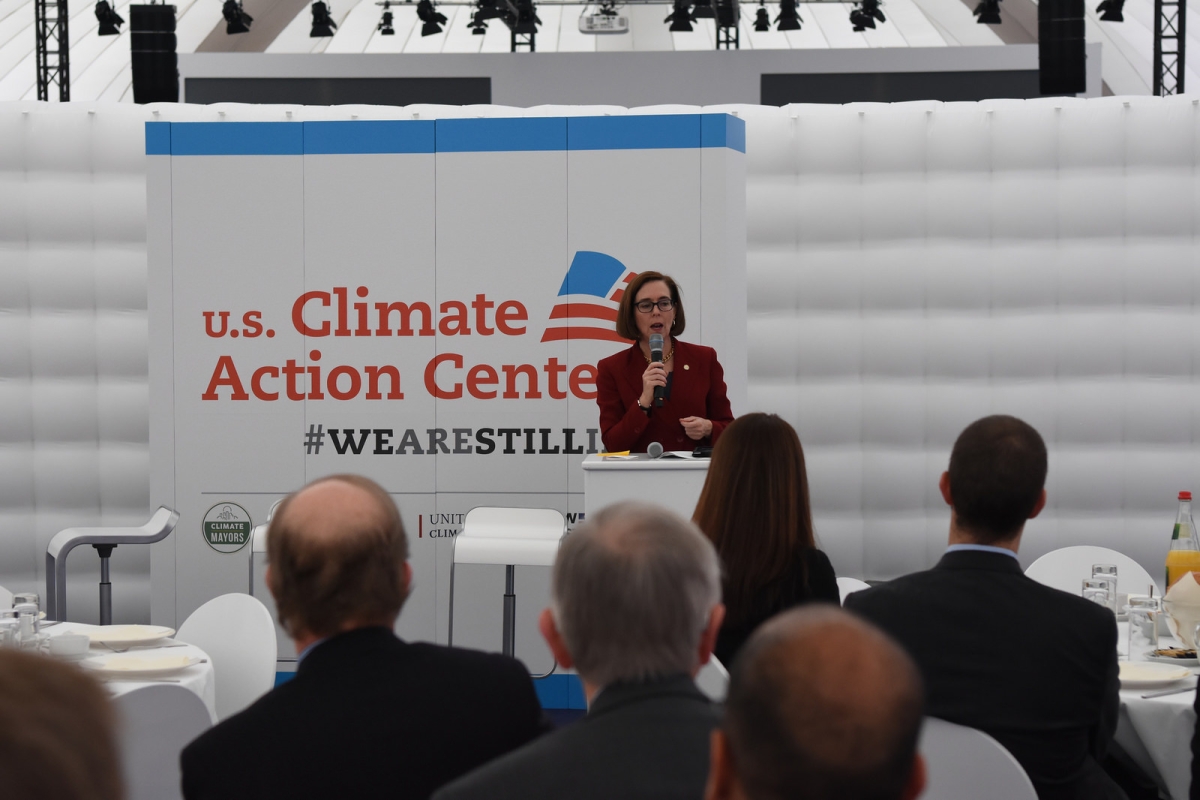 Oregon Gov. Kate Brown speaks at the U.S. Climate Action Center at COP23