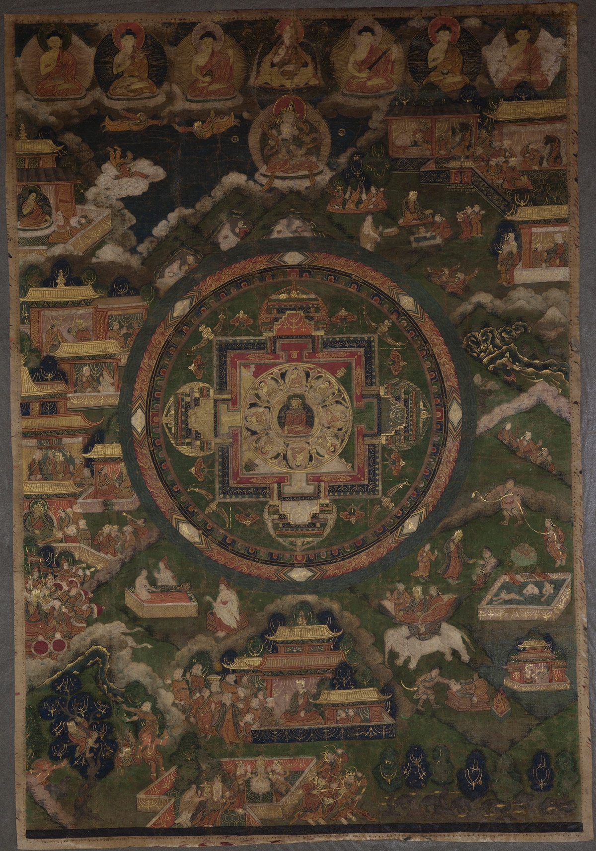 Eight-Buddha Mandala and the Life of Tonpa Shenrab. 18th century. Tibet. Tradition: Bon. Pigments on cloth. MU-CIV/MAO "Giuseppe Tucci," inv. 974/807. Image courtesy of the Museum of Civilisation/Museum of Oriental Art "Giuseppe Tucci," Rome.