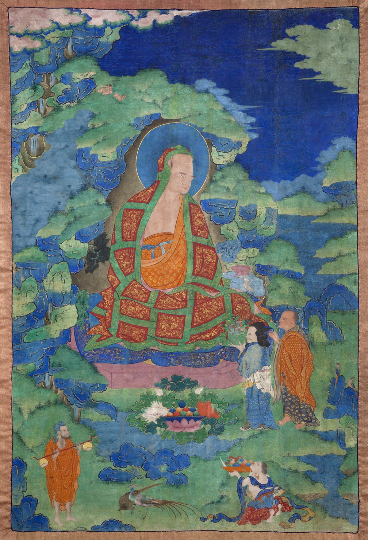 Ajita Arhat. 17th century. Possibly Kham (East Tibet). Tradition: Gelug. Pigments on cloth. MU-CIV/MAO "Giuseppe Tucci," inv. 923/756. Placement as indicated on verso: 2nd from right. Image courtesy of the Museum of Civilisation/Museum of Oriental Art "Giuseppe Tucci," Rome.