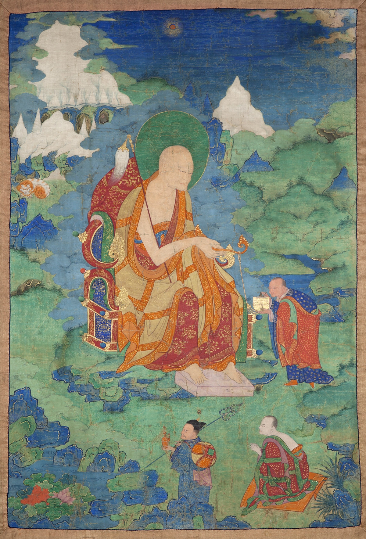 Angaja Arhat. 17th century. Possibly Kham (East Tibet). Tradition: Gelug. Pigments on cloth. MU-CIV/MAO "Giuseppe Tucci," inv. 998/830. Placement as indicated on verso: 1st from right. Image courtesy of the Museum of Civilisation/Museum of Oriental Art "Giuseppe Tucci," Rome.