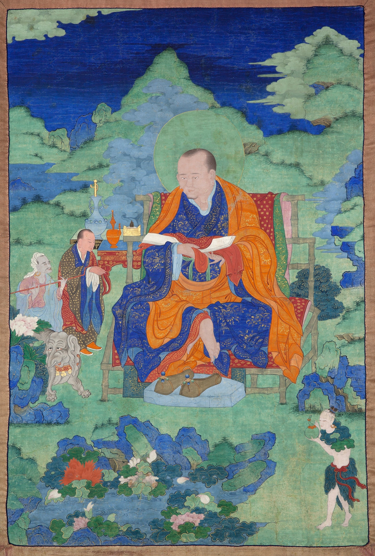 Panthaka Arhat. 17th century. Possibly Kham (East Tibet). Tradition: Gelug. Pigments on cloth. MU-CIV/MAO "Giuseppe Tucci," inv. 932/765. Placement as indicated on verso: 7th from left. Image courtesy of the Museum of Civilisation/Museum of Oriental Art "Giuseppe Tucci," Rome.
