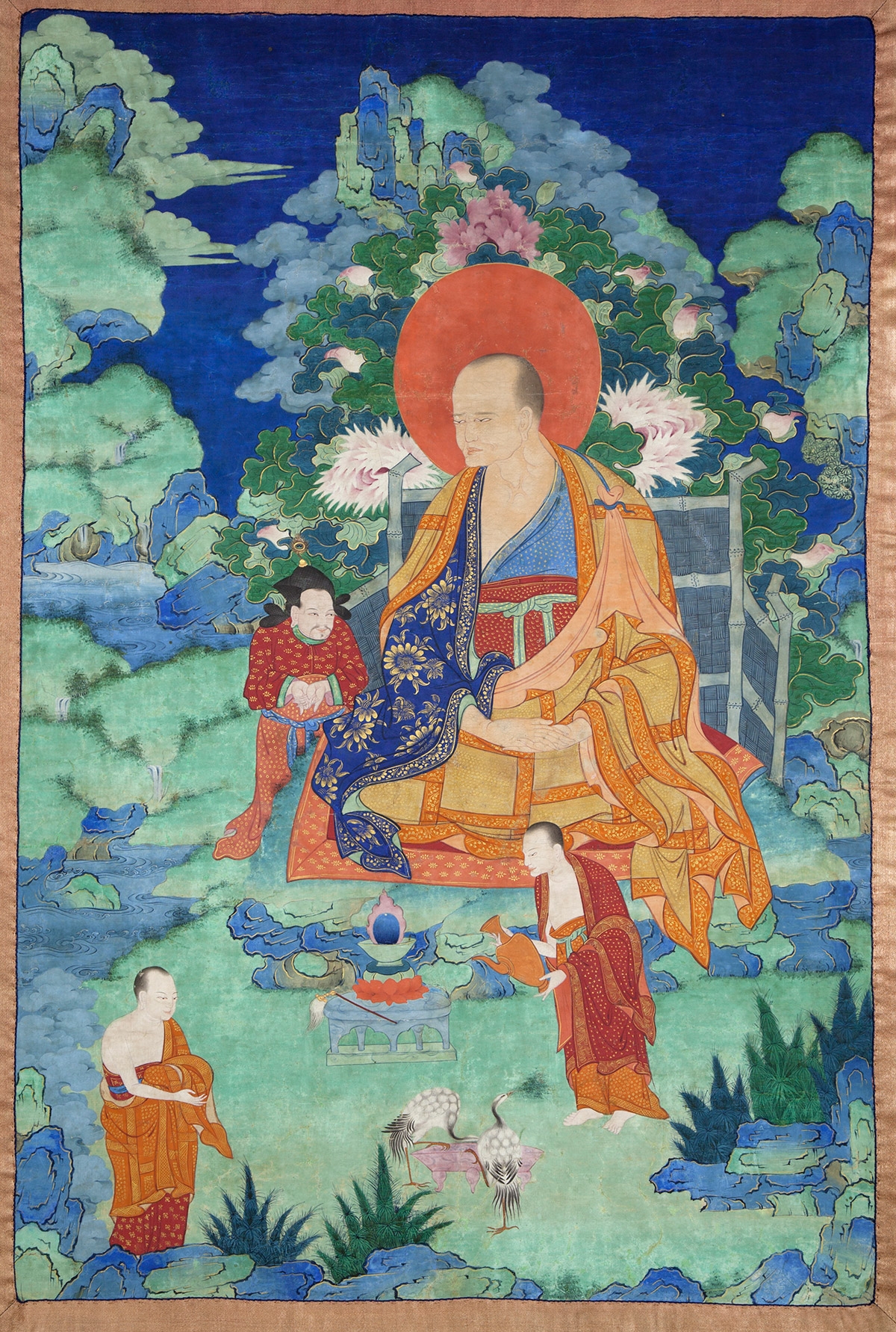 Kanakabharadvaja Arhat. 17th century. Possibly Kham (East Tibet). Tradition: Gelug. Pigments on cloth. MU-CIV/MAO "Giuseppe Tucci," inv. 927/760. Placement as indicated on verso: 3rd from left. Image courtesy of the Museum of Civilisation/Museum of Oriental Art "Giuseppe Tucci," Rome.