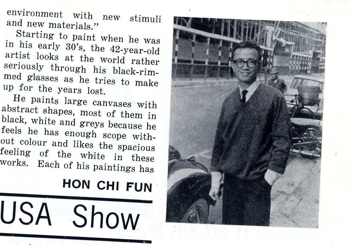 Clipping of Hon Chi-fun in New York City, 1970, publication unknown, courtesy of the artist.