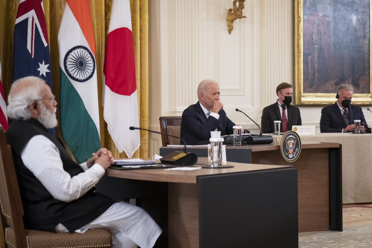 U.S. President Joe Biden (C) and Indian Prime Minister Narendra Modi (L) listen during a Quad Leaders Summit with Australian Prime Minister Scott Morrison and Japanese Prime Minister Suga Yoshihide in the East Room of the White House on September 24, 2021 in Washington, DC.