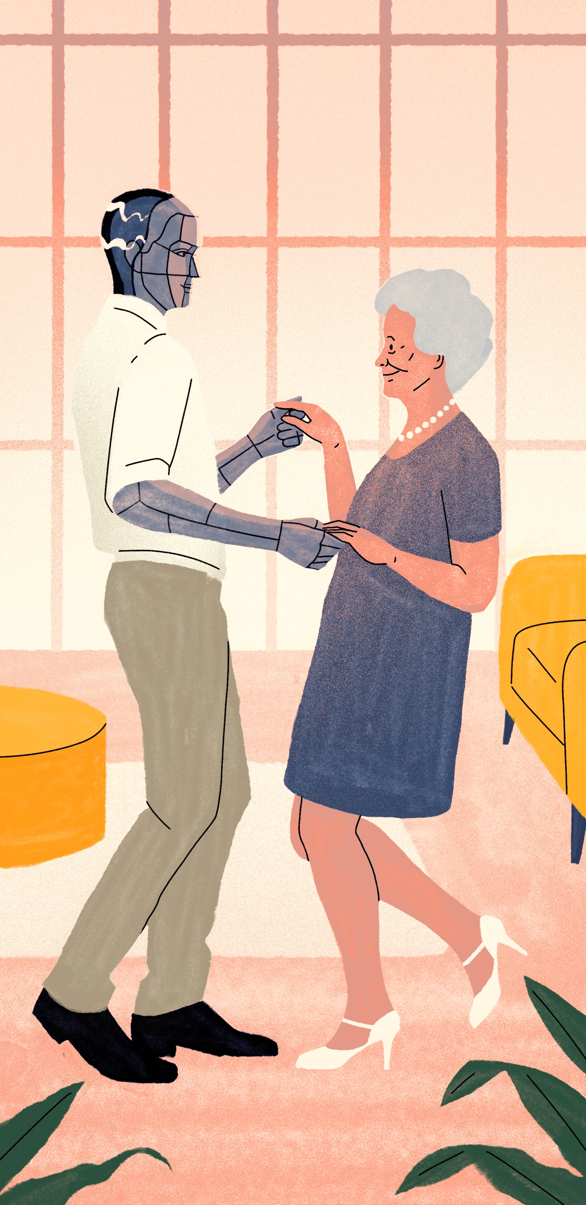 An elderly woman dancing with a robot