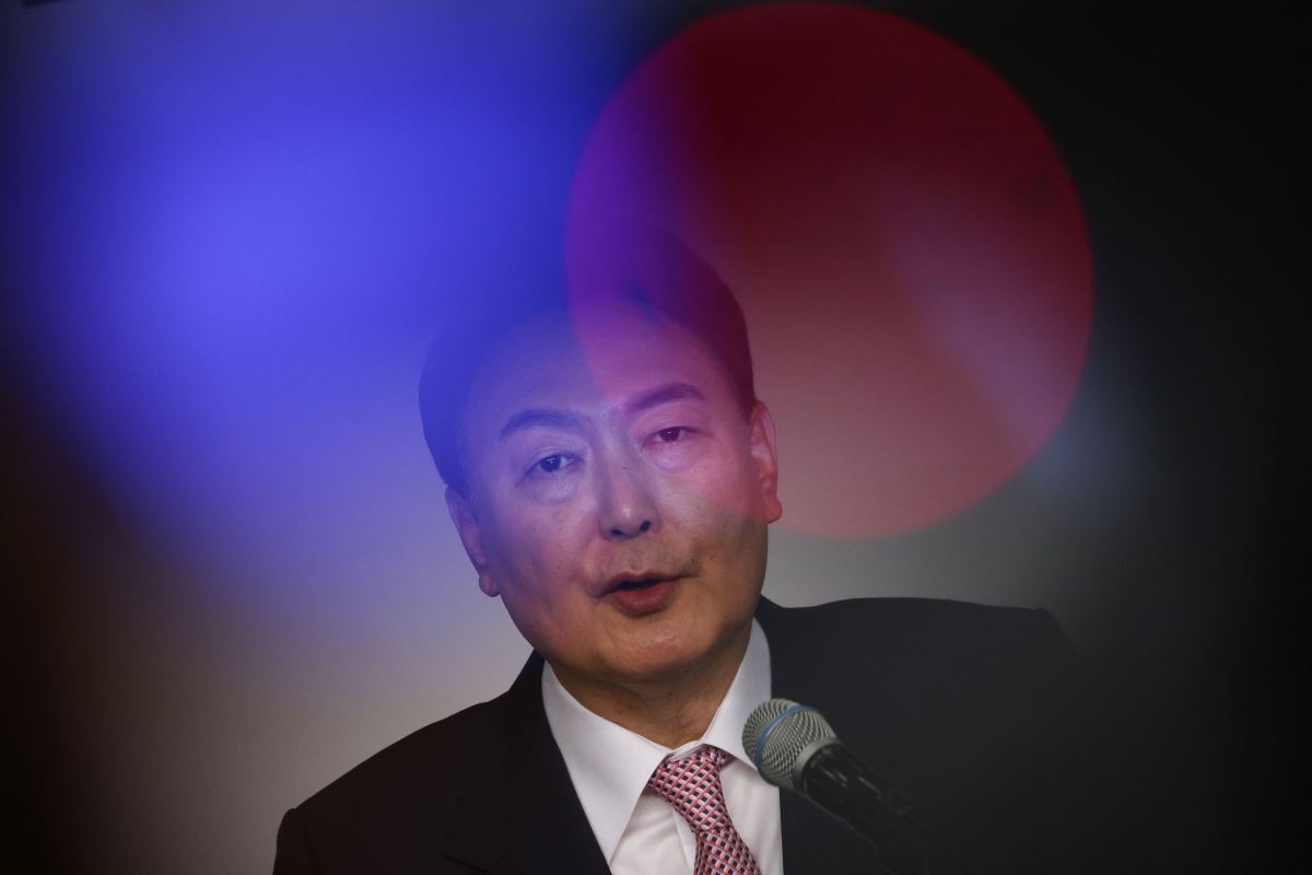 South Korea's president-elect Yoon Suk-yeol speaks during a news conference at the National Assembly in Seoul on March 10, 2022, the morning after his victory in the country's presidential election.