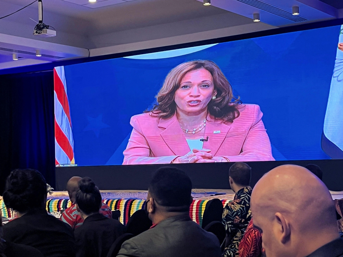 U.S. Vice President Kamala Harris speaks remotely during the Pacific Islands Forum at the Grand Pacific Hotel, in Suva, Fiji, on July 13, 2022.