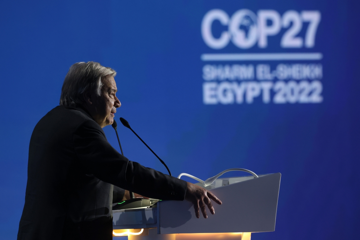 United Nations Secretary-General Antonio Guterres speaks during the Sharm El-Sheikh Climate Implementation Summit (SCIS) of the UNFCCC COP27 climate conference on November 07, 2022 in Sharm El Sheikh, Egypt.
