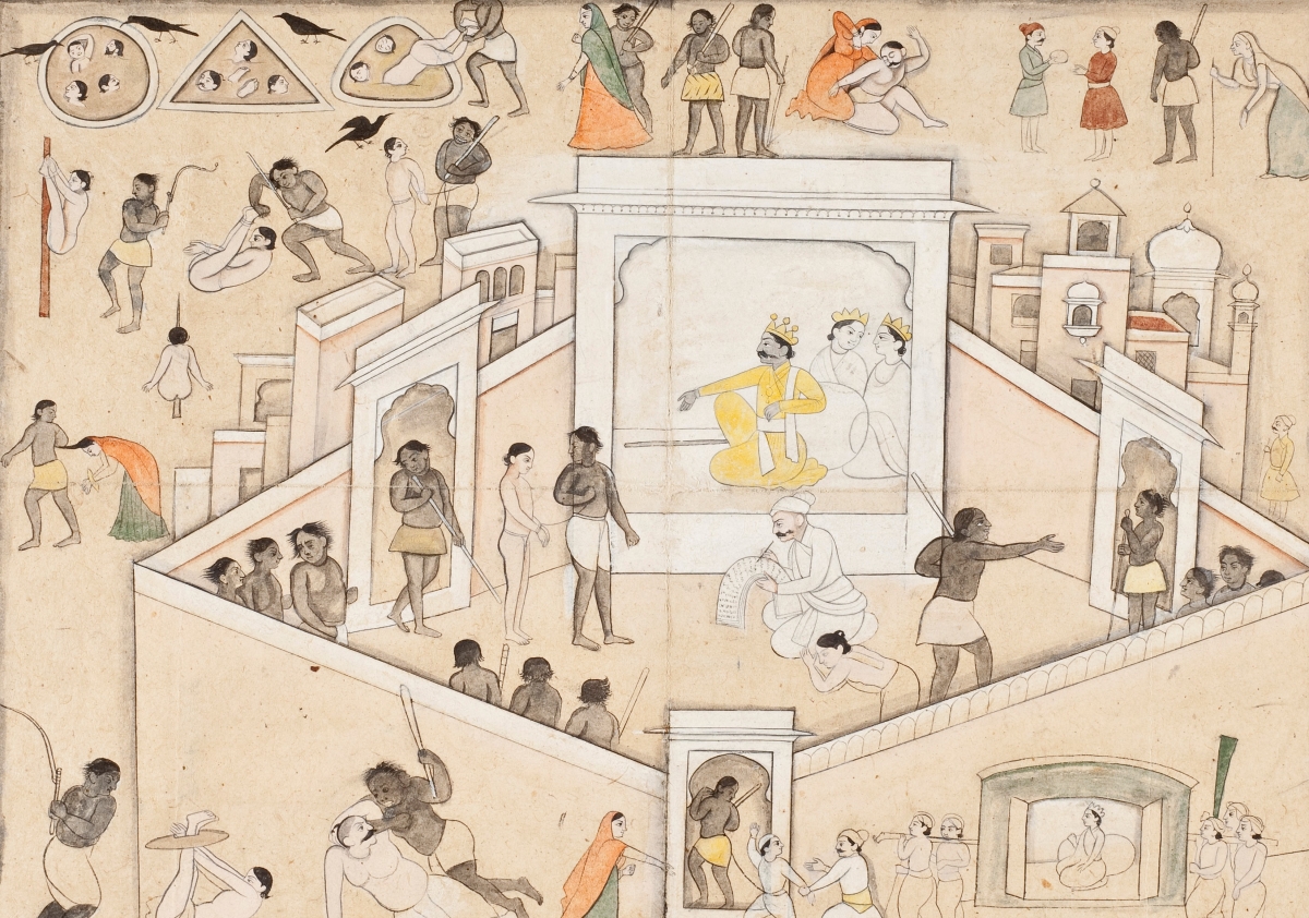 The Court of Yama, God of Death; Attributed to Gursaha (India, active circa 1800); India, Himachal Pradesh, Guler, circa 1800; Ink and watercolor on paper; 19 1/4 x 23 7/8 in. (48.89 x 60.64 cm); Gift of Paul F. Walter (M.75.113.8)