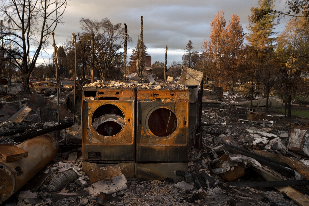 A color photograph of a completely burned out washer and dryer standing side by side on top of the ruins of a fire. The sky is gray and burned out trees surround the appliances.