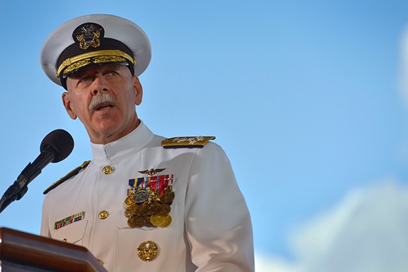 U.S. Navy Adm. Scott H. Swift delivers remarks as he assumes command of  the U.S. Pacific Fleet on May 27, 2015  (GLENN FAWCETT/DOD Photo).