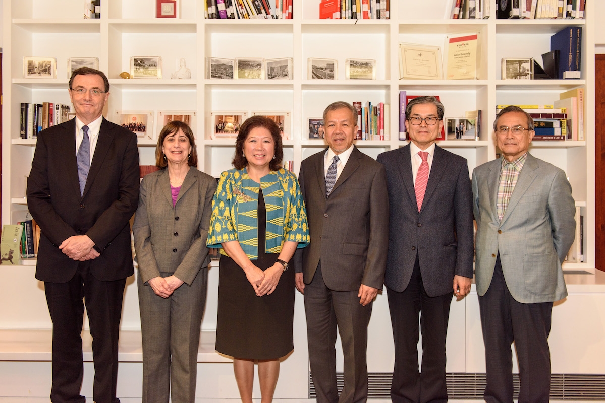 The Asia Society Policy Institute launched today in Hong Kong a Policy Commission that will examine the current trade architecture in the Asia-Pacific. Members include, from left to right, Peter Grey, Wendy Cutler, Mari Elka Pangestu, Gregory Domingo, Choi Seokyoung and Shotaro Oshima. (Jerome Yau/Asia Society)