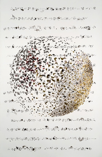 《歌聲球》，2012-15， 莎茲亞‧西坎達 水粉、墨及金箔紙本