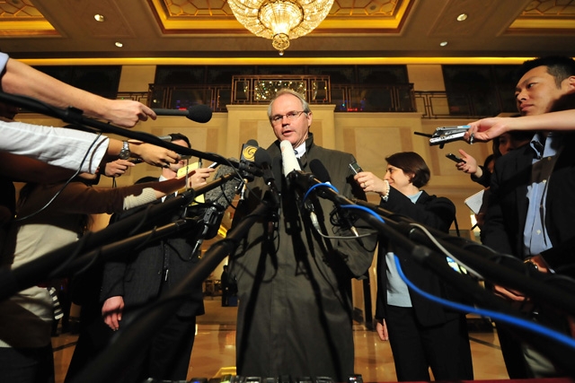 US Assistant Secretary of State Christopher Hill, top envoy to six-party nuclear talks over North Korea's nuclear program, speaks to the media in Beijing on December 9, 2008. (Frederic J. Brown/AFP/Getty Images)