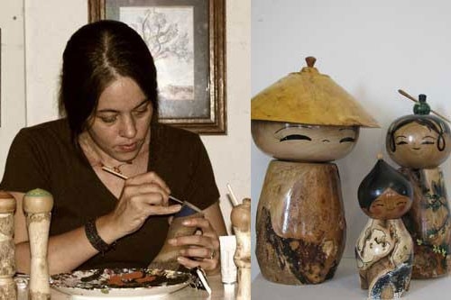 Artist Lisa Holt-Hodson demonstrating her woodworking skills to create a traditional Japanese Kokeshi doll.  (Courtesy of Lisa Holt-Hodson)