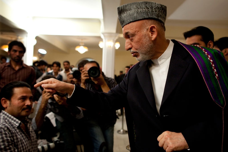 President Hamid Karzai speaks to the media at the Presidential palace on September 17, 2009 in Kabul, Afghanistan after full preliminary election results were announced. (Paula Bronstein/Getty Images)