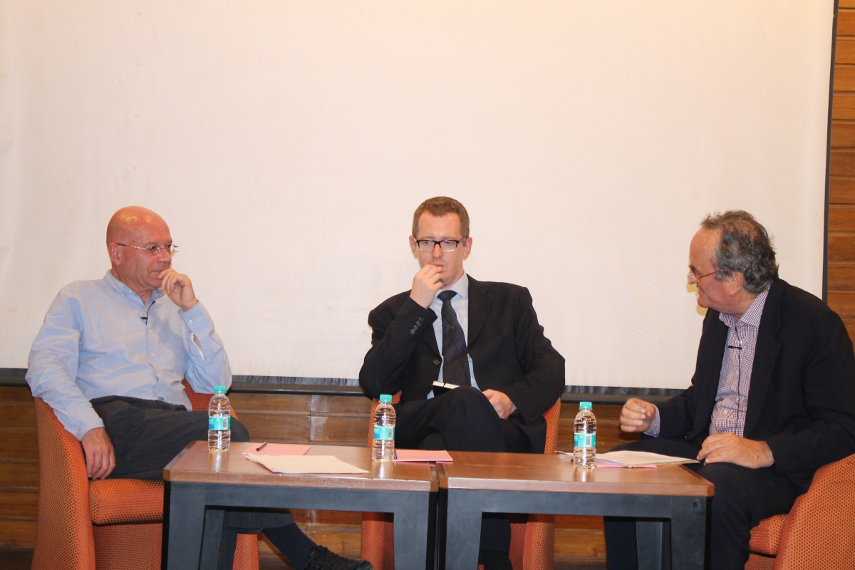 L to R: Martin Jacques, James Crabtree and Mark Tully discuss China in Mumbai on July 31, 2012. 