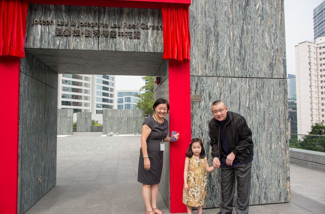 S. Alice Mong, Executive Director, Asia Society Hong Kong Center, Josephine Lau, and Joseph Lau at Joseph Lau and Josephine Lau Roof Garden Unveiling Ceremony on October 19, 2013. Photo credit: Henry Wong