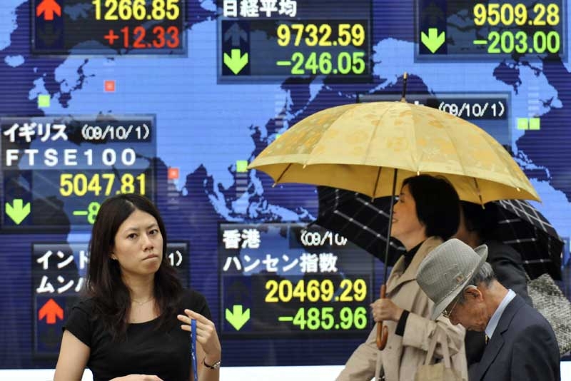 Pedestrians walk past a share prices board in Tokyo on October 2, 2009. Japanese shares fell 246.77 points to close at 9,731.87 at the Tokyo Stock Exchange, hit by heavy losses on Wall Street. (Yoshikazu Tsuno/AFP/Getty Images)
