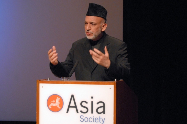 Hamid Karzai Afghan President Hamid Karzai addresses the Asia Society in New York on September 23, 2008. (Elsa Ruiz/Asia Society)