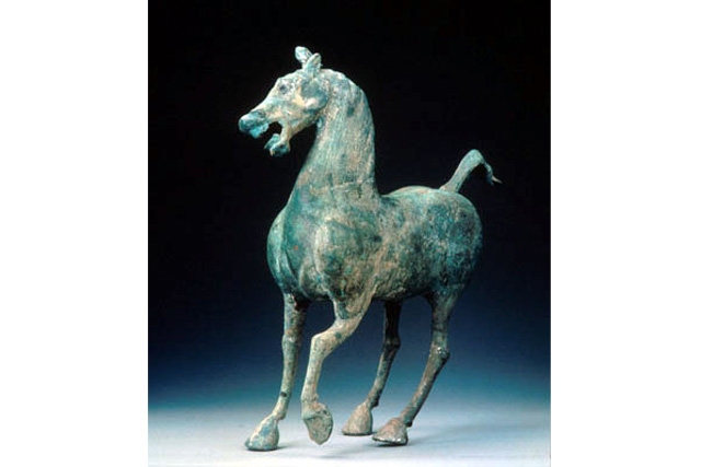 Bronze figure of a horse, Eastern Han dynasty, 2nd century C.E., Excavated from a tomb in Letai, Wuwei county, Gansu, H. 36.5 cm., Gansu Provincial Museum