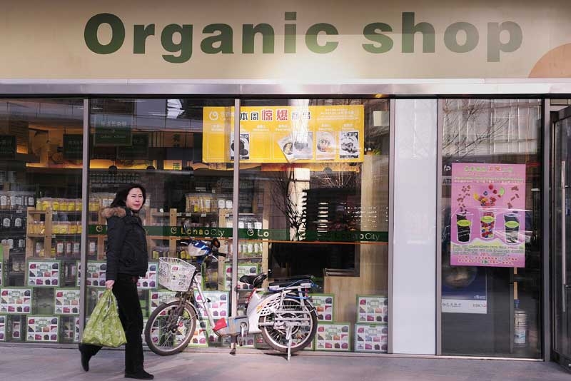A woman passes Lohao City, Beijing's first organic health foods store on January 12, 2009. (Peter Parks/AFP/Getty Images)