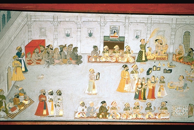 Sangram Singh with children in the Dilkhush Mahal Rajasthan, Mewar Opaque watercolor and gold on paper, ca. 1720 16 1/16 in. x 26 25/32 in. (40.8 cm x 68 cm) 