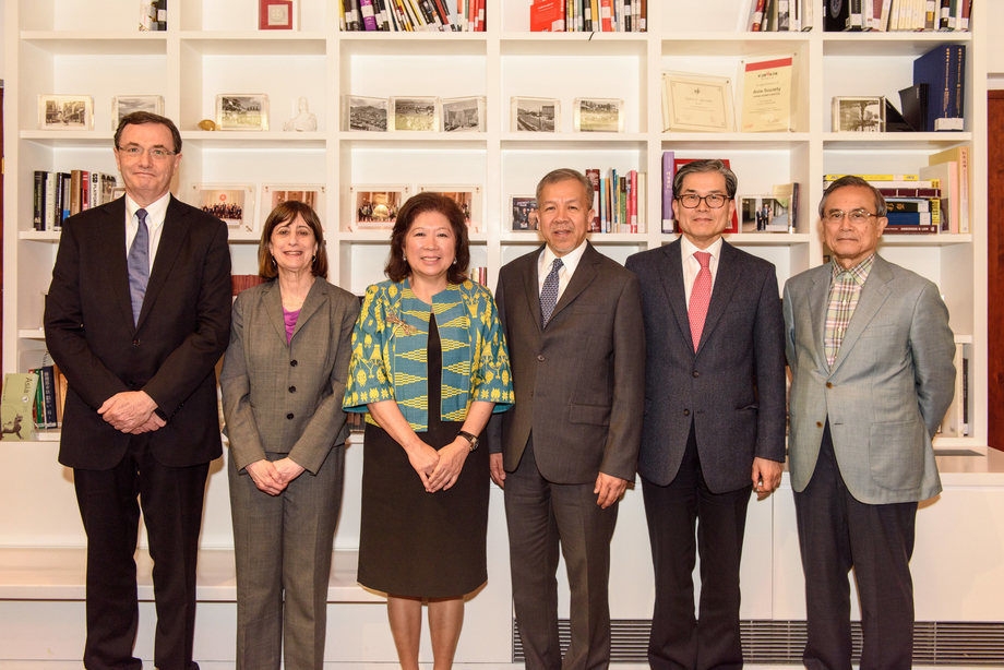 The Asia Society Policy Institute launched a Policy Commission that will examine the current trade architecture in the Asia-Pacific. Members include, from left to right, Peter Grey, Wendy Cutler, Mari Elka Pangestu, Gregory Domingo, Choi Seokyoung and Shotaro Oshima. (Jerome Yau/Asia Society)