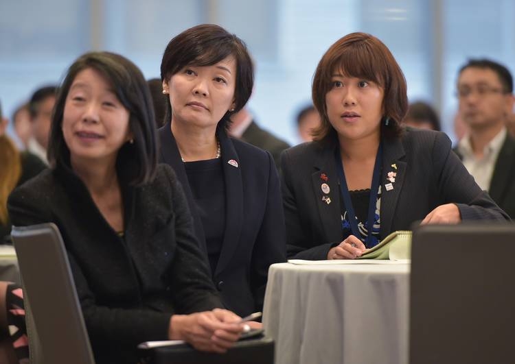 Akie Abe (C), the wife of Japan's Prime Minister Shinzo Abe, listens to a speaker during a discussion on Womenomics. (MANDEL NGAN/AFP/Getty Images)